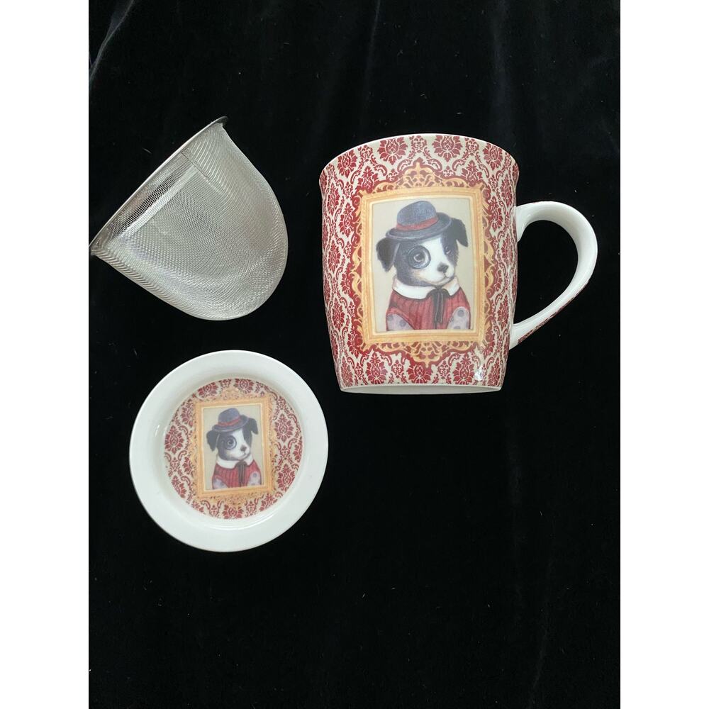 Efya Porcelain Tea Infuser Mug Red Damask Dapper Dog Portrait with Lid Strainer - Picture 1 of 12